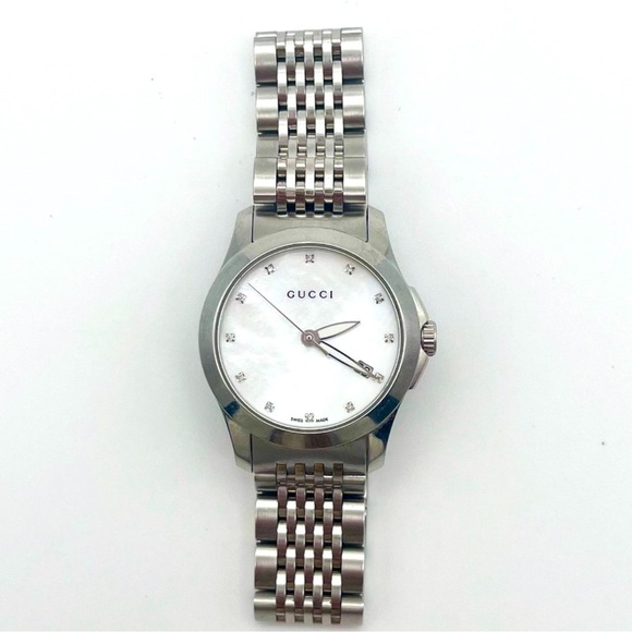 Stainless steel GUCCI watch w/ date Diamonds Timeless Collection Mother of Pearl